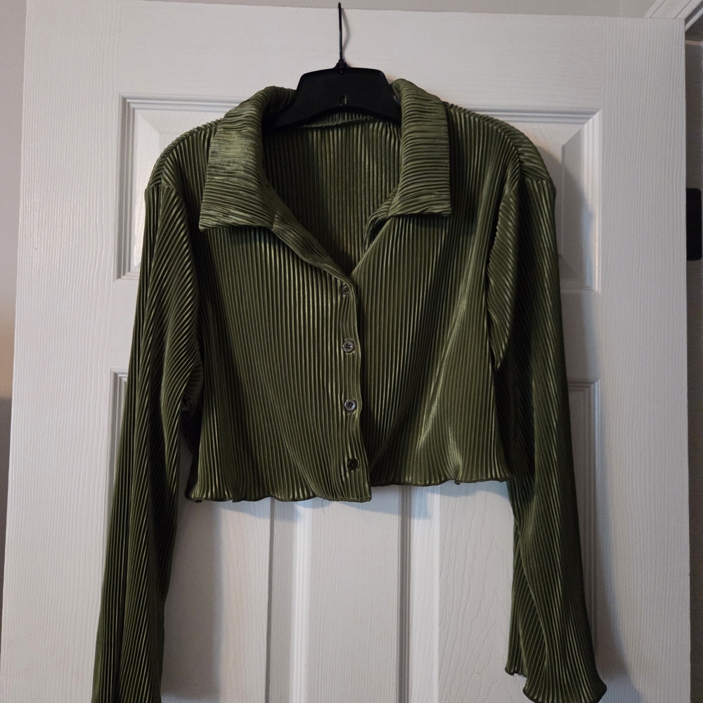 SHEIN Sage Green Ribbed Button Down Shirt